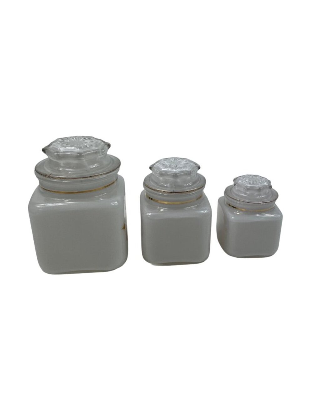 White Frosted Glass Jars With Gold Trim And Floral Rose Design Set Of 3 With Lid - Picture 6 of 15